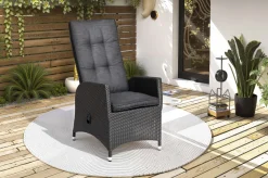 Rocking Garten-Essgruppe, grau/schwarz, Polyrattan, Tisch 220 x 100 cm, 6 Sessel Polyrattan-Gartenmöbel|Garten-Essgruppen