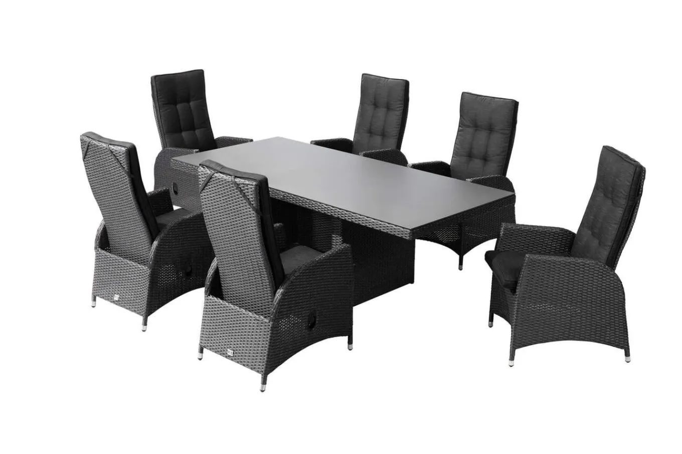 Rocking Garten-Essgruppe, grau/schwarz, Polyrattan, Tisch 220 x 100 cm, 6 Sessel Polyrattan-Gartenmöbel|Garten-Essgruppen