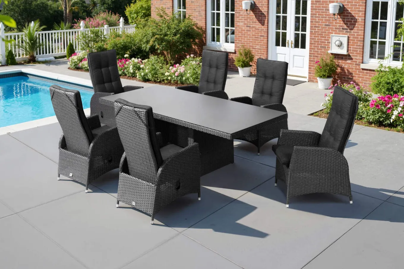 Rocking Garten-Essgruppe, grau/schwarz, Polyrattan, Tisch 220 x 100 cm, 6 Sessel Polyrattan-Gartenmöbel|Garten-Essgruppen