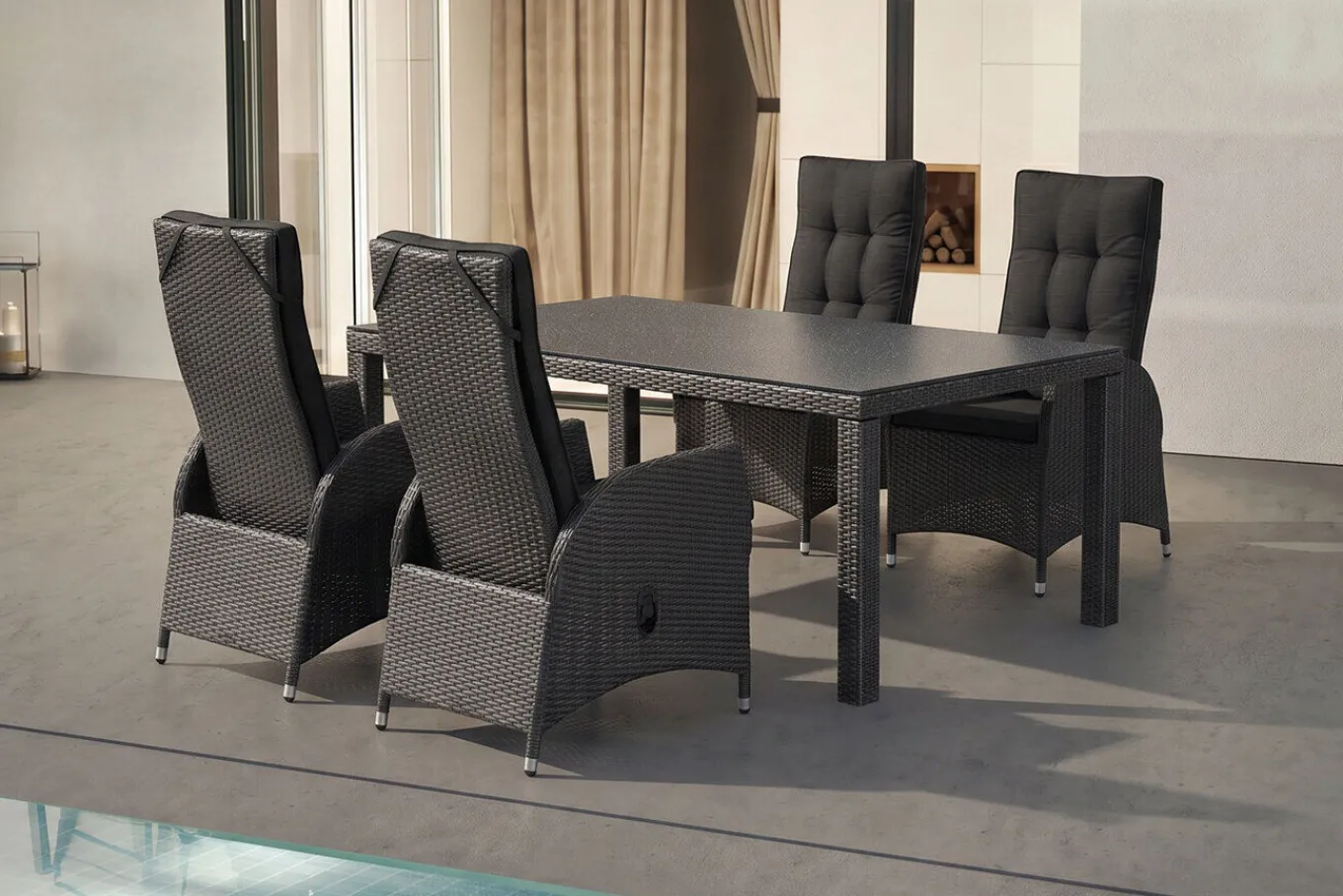 Clearance Rocking Garten-Essgruppe, grau/braun-meliert, Polyrattan, Tisch 180 x 110 cm, 4 Sessel Polyrattan-Gartenmöbel|Garten-Essgruppen