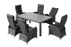 Hot Rocking Garten-Essgruppe, grau/braun-meliert, Polyrattan, Tisch 180 x 110 cm, 6 Sessel Polyrattan-Gartenmöbel|Garten-Essgruppen