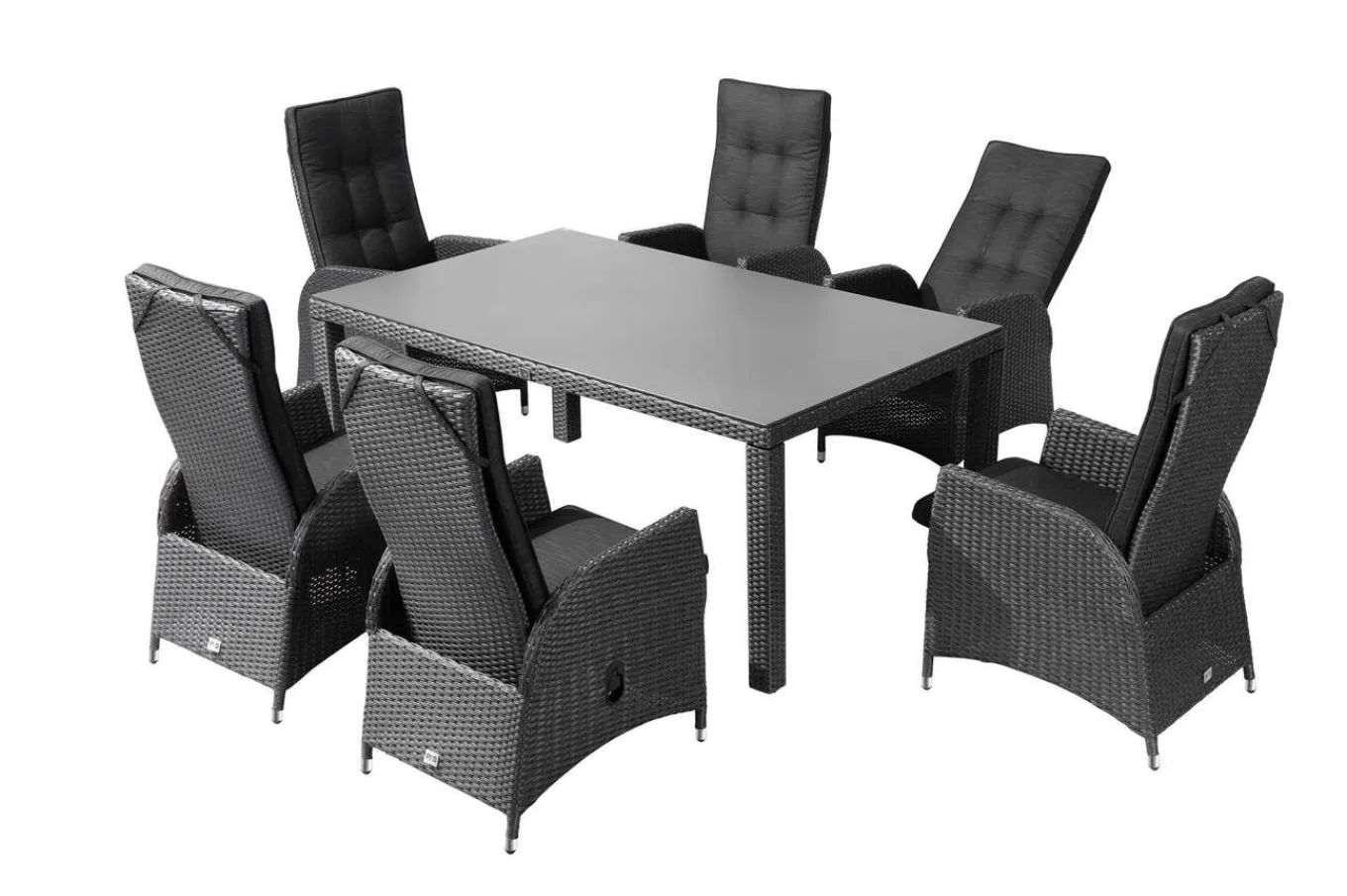 Hot Rocking Garten-Essgruppe, grau/braun-meliert, Polyrattan, Tisch 180 x 110 cm, 6 Sessel Polyrattan-Gartenmöbel|Garten-Essgruppen