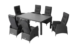 Hot Rocking Garten-Essgruppe, grau/braun-meliert, Polyrattan, Tisch 180 x 110 cm, 6 Sessel Polyrattan-Gartenmöbel|Garten-Essgruppen