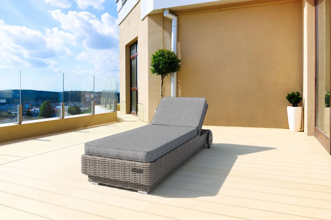 Outlet Rollliege, grau, Polyrattan, 200x70x27,5cm, Rückenlehne 5-fach verstellbar Polyrattan-Gartenmöbel|Gartenliegen