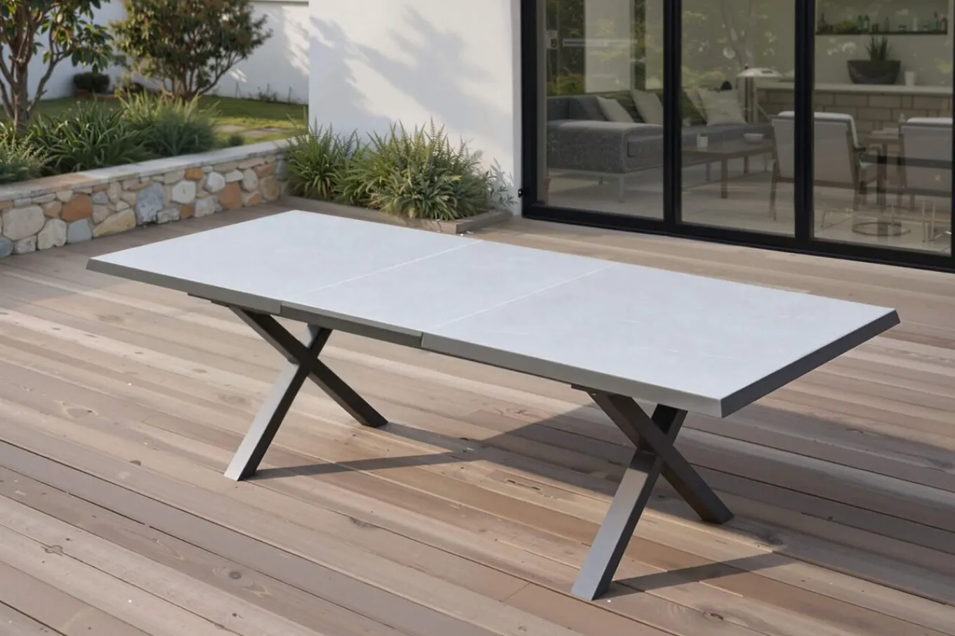 Serro Ausziehtisch, schwarz/grau, Aluminium und Steinimitat, 200/260 x 100 cm, modernes X-Gestell Gartentische