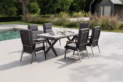Sale Serro Garten-Essgruppe, schwarz/anthrazit, Alu/Steinimitat/Teak, Tisch 200/260 x 100 cm, ausziehbar, 6 Stapelsessel Garten-Essgruppen