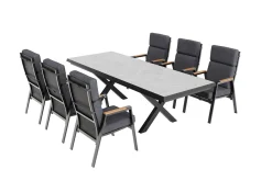 Sale Serro Garten-Essgruppe, schwarz/anthrazit, Alu/Steinimitat/Teak, Tisch 200/260 x 100 cm, ausziehbar, 6 Stapelsessel Garten-Essgruppen