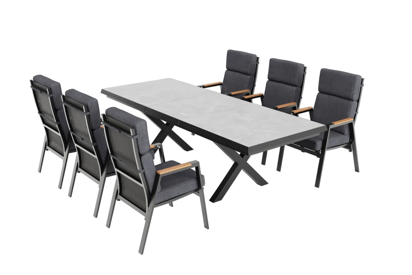 Sale Serro Garten-Essgruppe, schwarz/anthrazit, Alu/Steinimitat/Teak, Tisch 200/260 x 100 cm, ausziehbar, 6 Stapelsessel Garten-Essgruppen