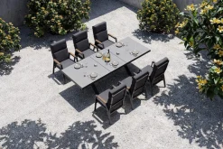 Sale Serro Garten-Essgruppe, schwarz/anthrazit, Alu/Steinimitat/Teak, Tisch 200/260 x 100 cm, ausziehbar, 6 Stapelsessel Garten-Essgruppen