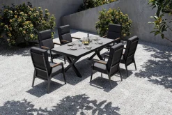 Sale Serro Garten-Essgruppe, schwarz/anthrazit, Alu/Steinimitat/Teak, Tisch 200/260 x 100 cm, ausziehbar, 6 Stapelsessel Garten-Essgruppen