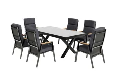Sale Serro Garten-Essgruppe, schwarz/anthrazit, Alu/Steinimitat/Teak, Tisch 200/260 x 100 cm, ausziehbar, 6 Stapelsessel Garten-Essgruppen