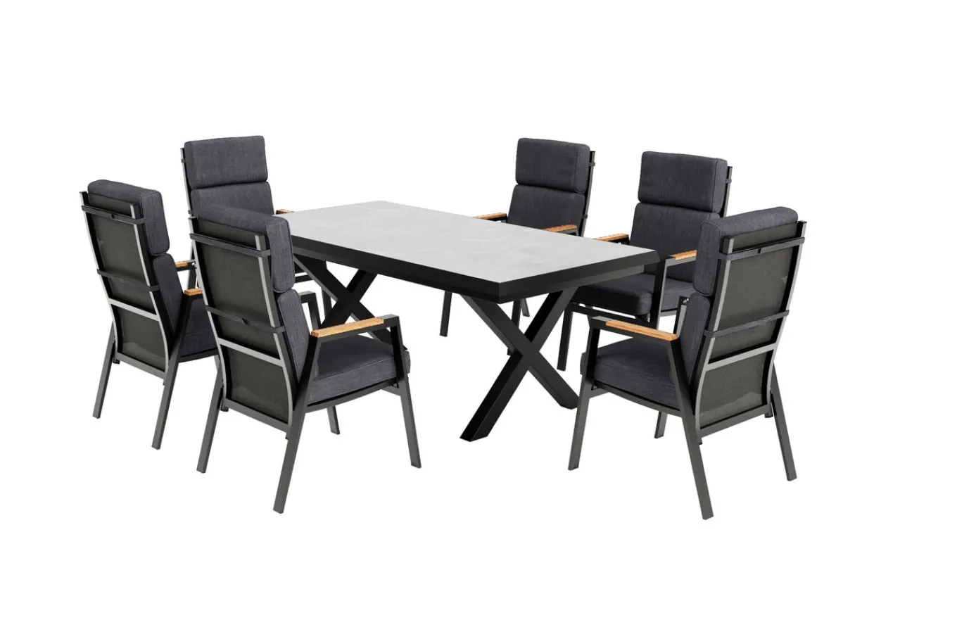 Sale Serro Garten-Essgruppe, schwarz/anthrazit, Alu/Steinimitat/Teak, Tisch 200/260 x 100 cm, ausziehbar, 6 Stapelsessel Garten-Essgruppen