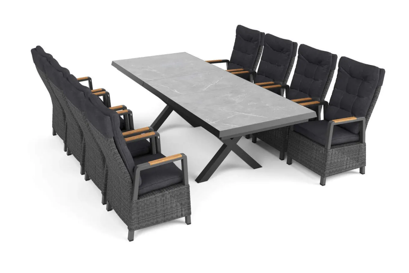 Sale Serro Garten-Essgruppe, schwarz/anthrazit/grau, Alu/Polyrattan/Steinimitat, 200/260 x 100 cm, 8 Diningsessel, FSC®-zertifiziert, ausziehbar Garten-Essgruppen