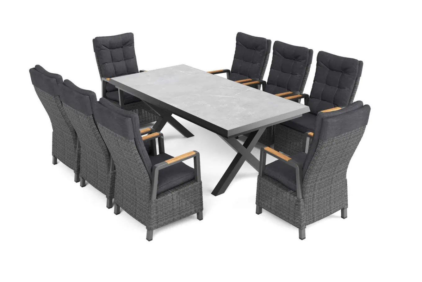 Sale Serro Garten-Essgruppe, schwarz/anthrazit/grau, Alu/Polyrattan/Steinimitat, 200/260 x 100 cm, 8 Diningsessel, FSC®-zertifiziert, ausziehbar Garten-Essgruppen