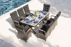 Sale Serro Garten-Essgruppe, schwarz/anthrazit/grau, Alu/Polyrattan/Steinimitat, 200/260 x 100 cm, 8 Diningsessel, FSC®-zertifiziert, ausziehbar Garten-Essgruppen
