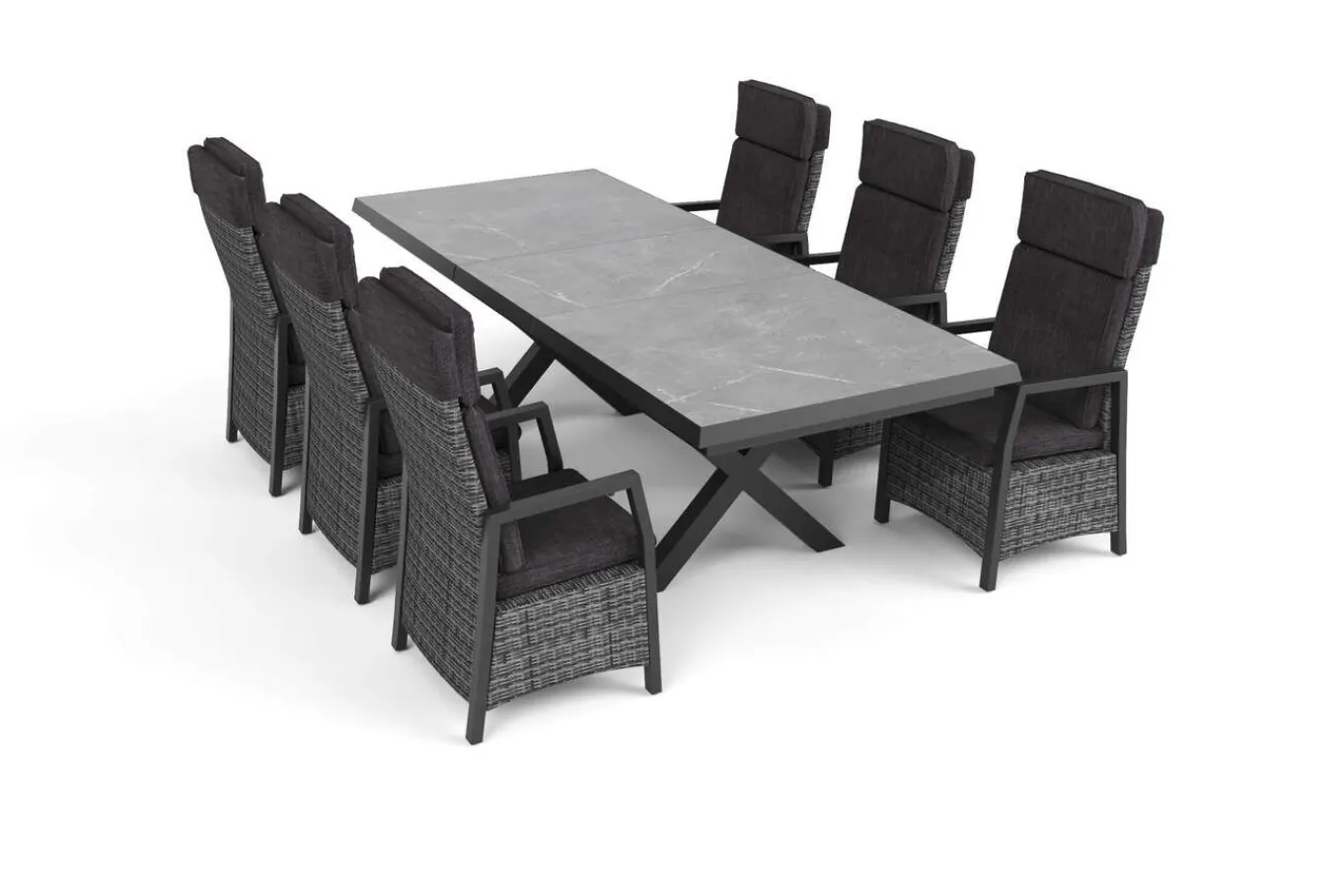 Hot Serro Garten-Essgruppe, schwarz/anthrazit/grau, Aluminium/Polyrattan/Steinimitat, Tisch 200/260 x 100 cm, 6 Diningsessel Garten-Essgruppen