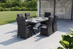 Hot Serro Garten-Essgruppe, schwarz/anthrazit/grau, Aluminium/Polyrattan/Steinimitat, Tisch 200/260 x 100 cm, 6 Diningsessel Garten-Essgruppen