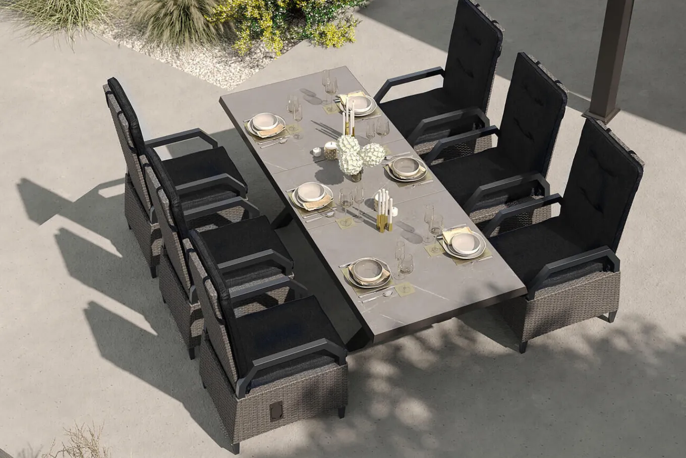 Best Serro Garten-Essgruppe, schwarz/grau, Aluminium/Polyrattan/Steinimitat, 200/260 x 100 cm, ausziehbar, 6 Diningsessel Garten-Essgruppen