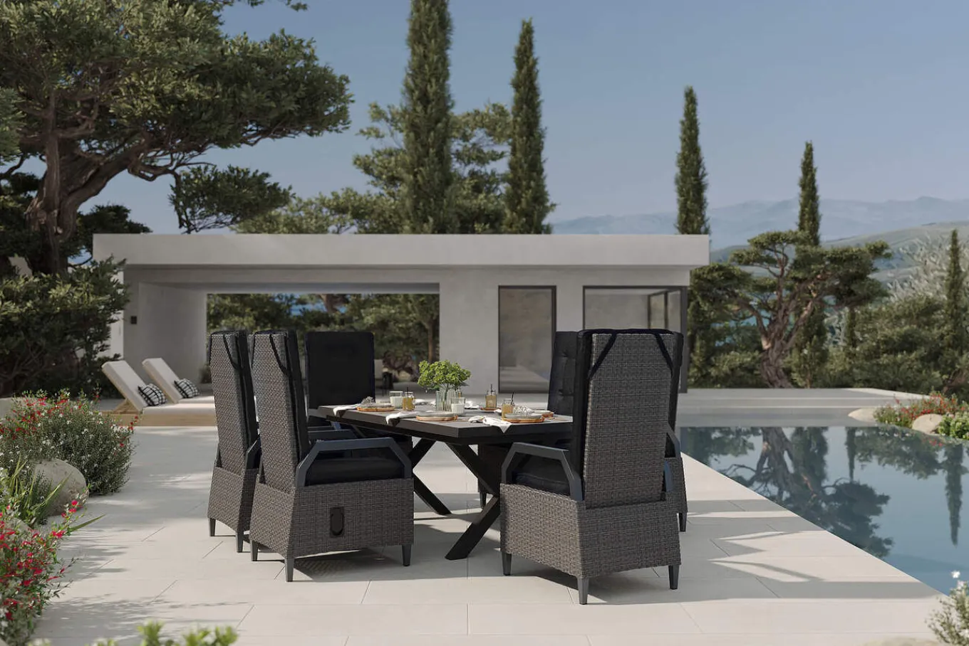 Best Serro Garten-Essgruppe, schwarz/grau, Aluminium/Polyrattan/Steinimitat, 200/260 x 100 cm, ausziehbar, 6 Diningsessel Garten-Essgruppen