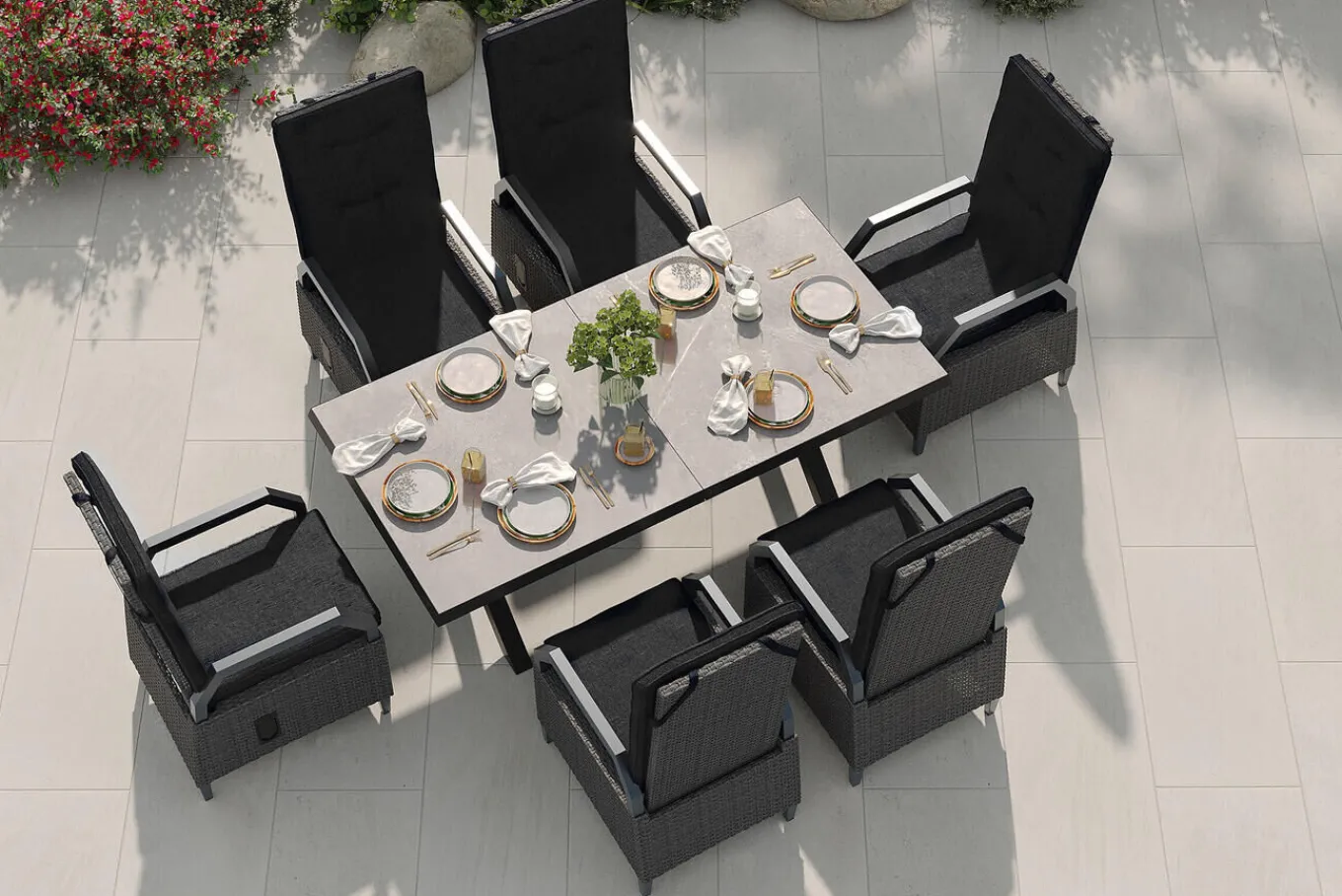 Best Serro Garten-Essgruppe, schwarz/grau, Aluminium/Polyrattan/Steinimitat, 200/260 x 100 cm, ausziehbar, 6 Diningsessel Garten-Essgruppen