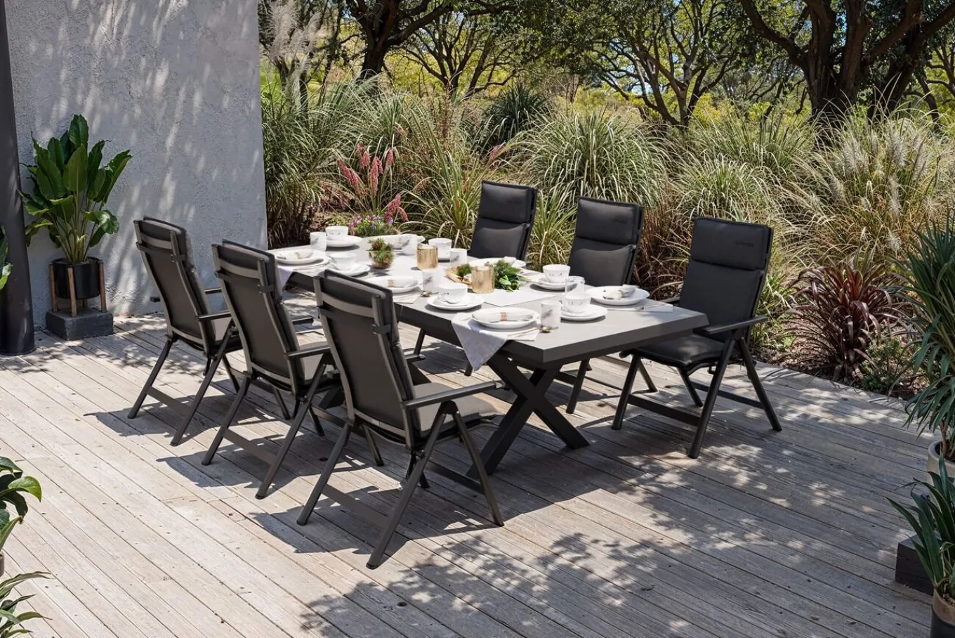 Clearance Serro Garten-Essgruppe, anthrazit matt/schwarz/anthrazit Alu/Steinimitat/Textilene, 200/260 x 100 cm, 6 Klappstühle inkl. 6 Auflagen Garten-Essgruppen