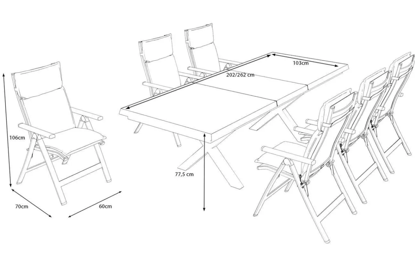Clearance Serro Garten-Essgruppe, anthrazit matt/schwarz/anthrazit Alu/Steinimitat/Textilene, 200/260 x 100 cm, 6 Klappstühle inkl. 6 Auflagen Garten-Essgruppen