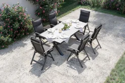 Clearance Serro Garten-Essgruppe, anthrazit matt/schwarz/anthrazit Alu/Steinimitat/Textilene, 200/260 x 100 cm, 6 Klappstühle inkl. 6 Auflagen Garten-Essgruppen