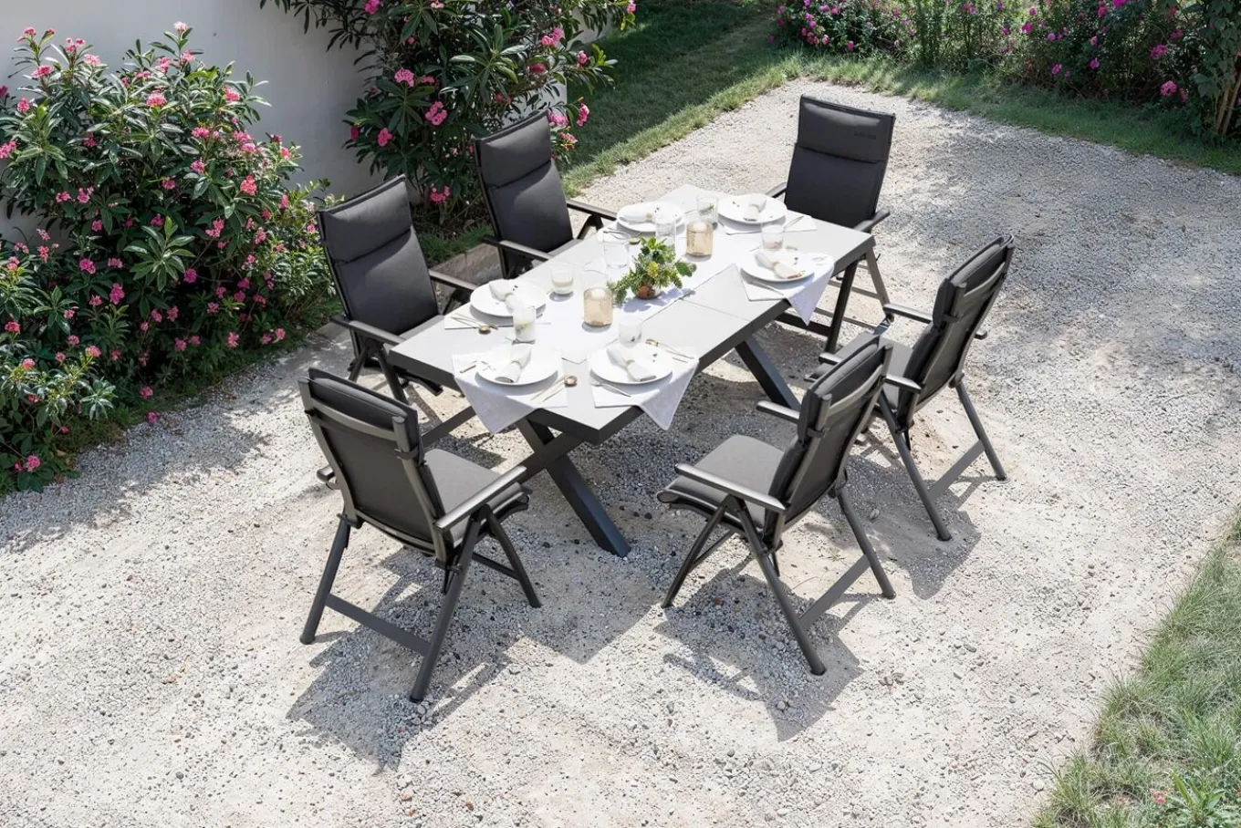 Clearance Serro Garten-Essgruppe, anthrazit matt/schwarz/anthrazit Alu/Steinimitat/Textilene, 200/260 x 100 cm, 6 Klappstühle inkl. 6 Auflagen Garten-Essgruppen