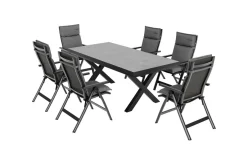 Clearance Serro Garten-Essgruppe, anthrazit matt/schwarz/anthrazit Alu/Steinimitat/Textilene, 200/260 x 100 cm, 6 Klappstühle inkl. 6 Auflagen Garten-Essgruppen