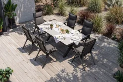 Clearance Serro Garten-Essgruppe, anthrazit matt/schwarz/anthrazit Alu/Steinimitat/Textilene, 200/260 x 100 cm, 6 Klappstühle inkl. 6 Auflagen Garten-Essgruppen