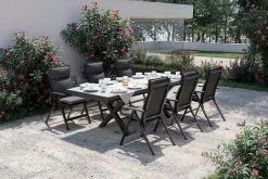 Clearance Serro Garten-Essgruppe, anthrazit matt/schwarz/anthrazit Alu/Steinimitat/Textilene, 200/260 x 100 cm, 6 Klappstühle inkl. 6 Auflagen Garten-Essgruppen