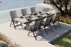 Outlet Serro Garten-Essgruppe, anthrazit matt/schwarz/grau/nature, Alu/Steinimitat/Textilene, 200/260 x 100 cm, 6 Klappstühle inkl. 6 Auflagen Garten-Essgruppen