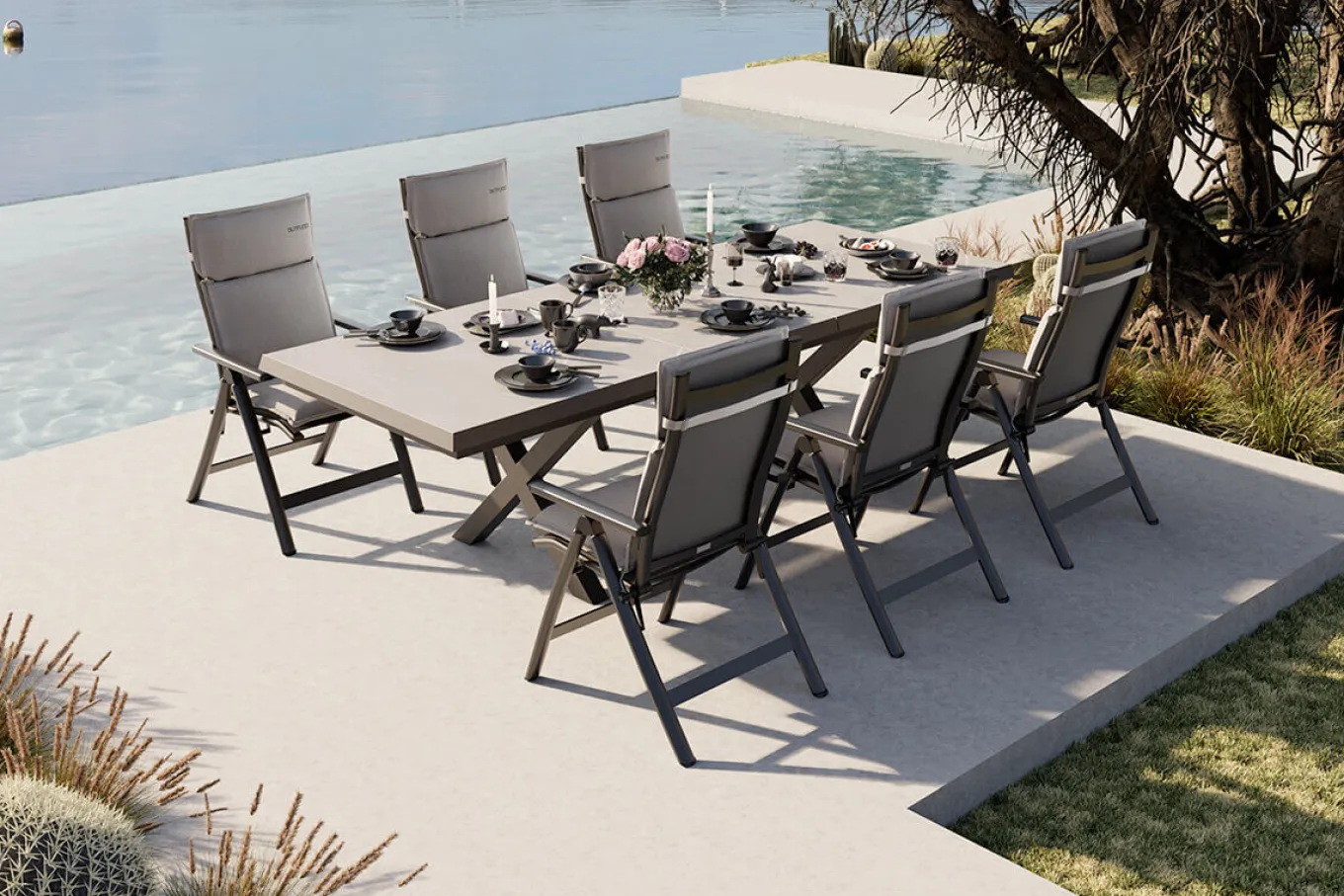 Outlet Serro Garten-Essgruppe, anthrazit matt/schwarz/grau/nature, Alu/Steinimitat/Textilene, 200/260 x 100 cm, 6 Klappstühle inkl. 6 Auflagen Garten-Essgruppen