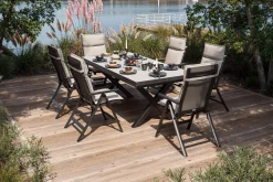 Outlet Serro Garten-Essgruppe, anthrazit matt/schwarz/grau/nature, Alu/Steinimitat/Textilene, 200/260 x 100 cm, 6 Klappstühle inkl. 6 Auflagen Garten-Essgruppen
