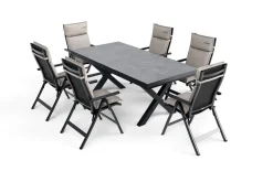Outlet Serro Garten-Essgruppe, anthrazit matt/schwarz/grau/nature, Alu/Steinimitat/Textilene, 200/260 x 100 cm, 6 Klappstühle inkl. 6 Auflagen Garten-Essgruppen
