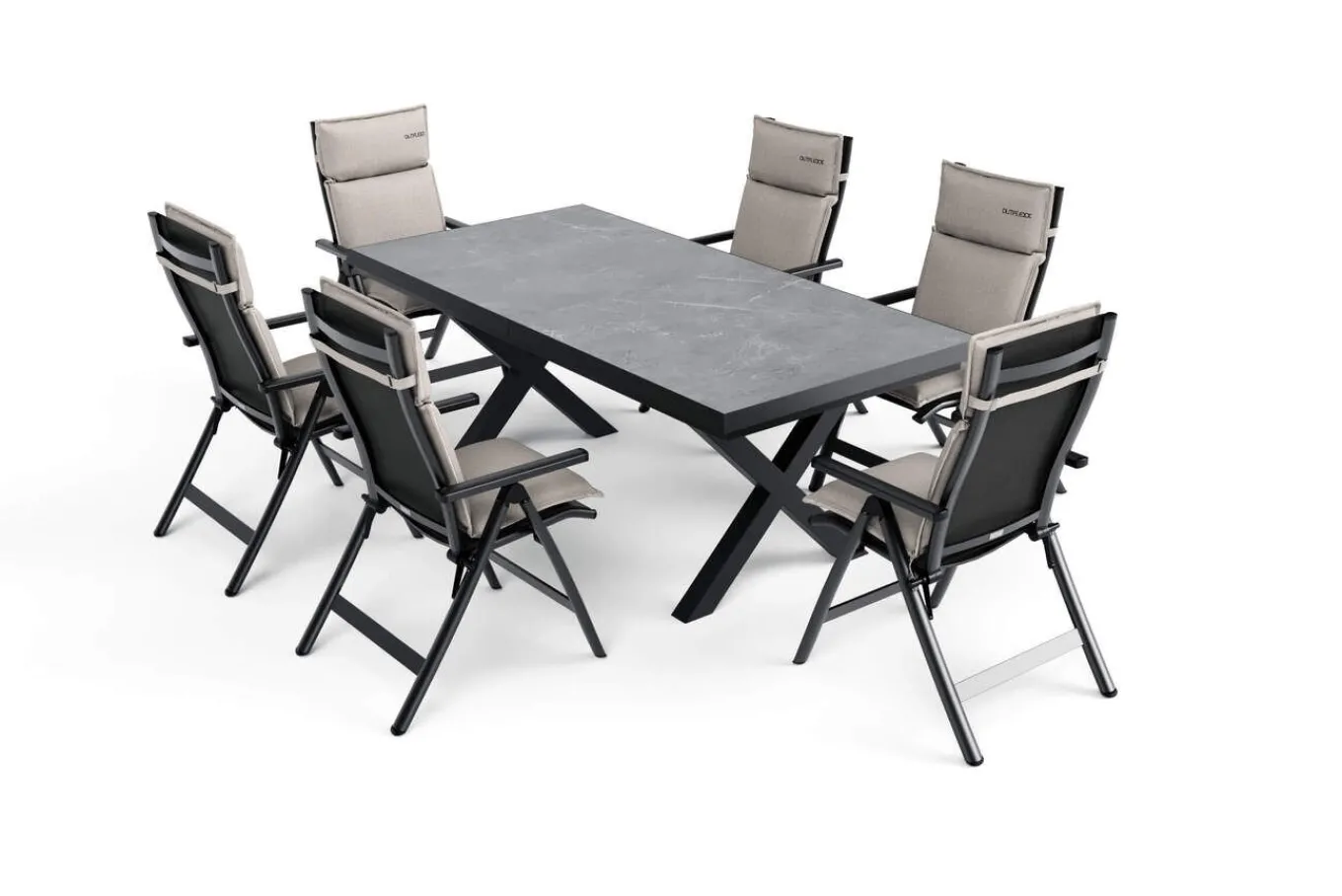 Outlet Serro Garten-Essgruppe, anthrazit matt/schwarz/grau/nature, Alu/Steinimitat/Textilene, 200/260 x 100 cm, 6 Klappstühle inkl. 6 Auflagen Garten-Essgruppen