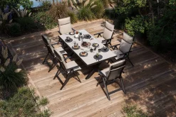 Outlet Serro Garten-Essgruppe, anthrazit matt/schwarz/grau/nature, Alu/Steinimitat/Textilene, 200/260 x 100 cm, 6 Klappstühle inkl. 6 Auflagen Garten-Essgruppen