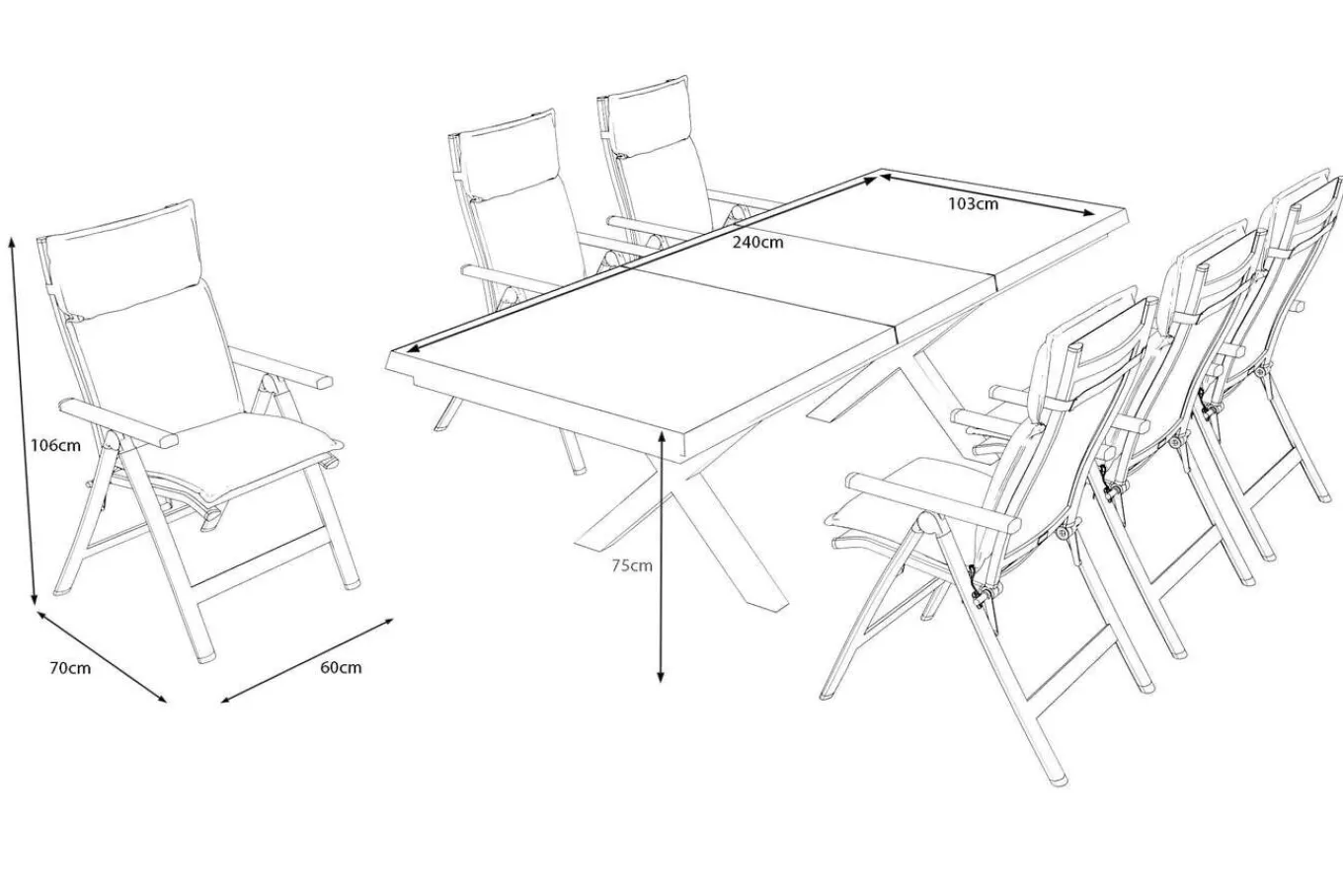 Outlet Serro Garten-Essgruppe, anthrazit matt/schwarz/grau/nature, Alu/Steinimitat/Textilene, 200/260 x 100 cm, 6 Klappstühle inkl. 6 Auflagen Garten-Essgruppen