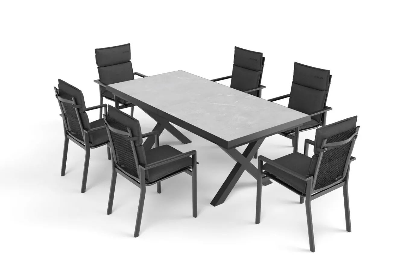 Discount Serro Garten-Essgruppe, anthrazit matt/schwarz/grau, Alu/Steinimitat/Textilene/Polyester, Tisch 200/260 x 100 cm, 6 Stapelsessel inkl. 6 Auflagen Garten-Essgruppen