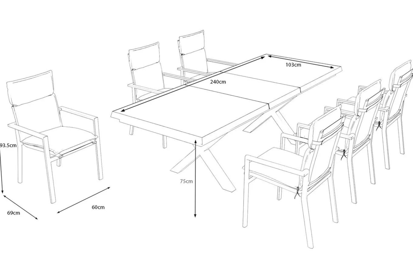 Discount Serro Garten-Essgruppe, anthrazit matt/schwarz/grau, Alu/Steinimitat/Textilene/Polyester, Tisch 200/260 x 100 cm, 6 Stapelsessel inkl. 6 Auflagen Garten-Essgruppen