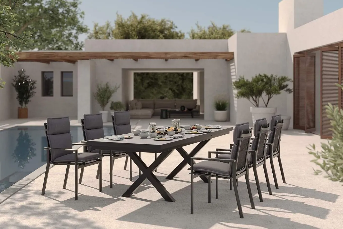 Discount Serro Garten-Essgruppe, anthrazit matt/schwarz/grau, Alu/Steinimitat/Textilene/Polyester, Tisch 200/260 x 100 cm, 6 Stapelsessel inkl. 6 Auflagen Garten-Essgruppen