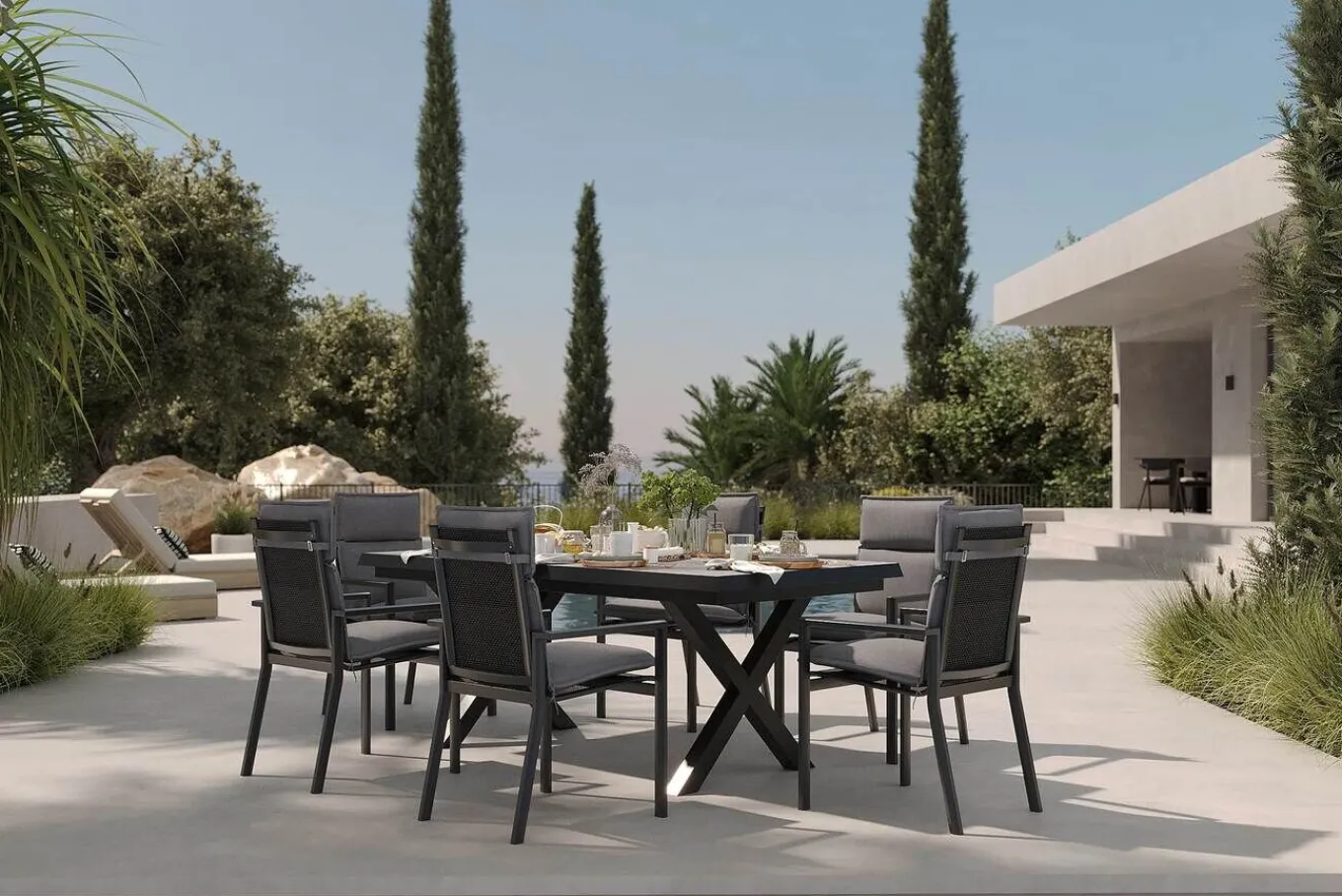 Discount Serro Garten-Essgruppe, anthrazit matt/schwarz/grau, Alu/Steinimitat/Textilene/Polyester, Tisch 200/260 x 100 cm, 6 Stapelsessel inkl. 6 Auflagen Garten-Essgruppen
