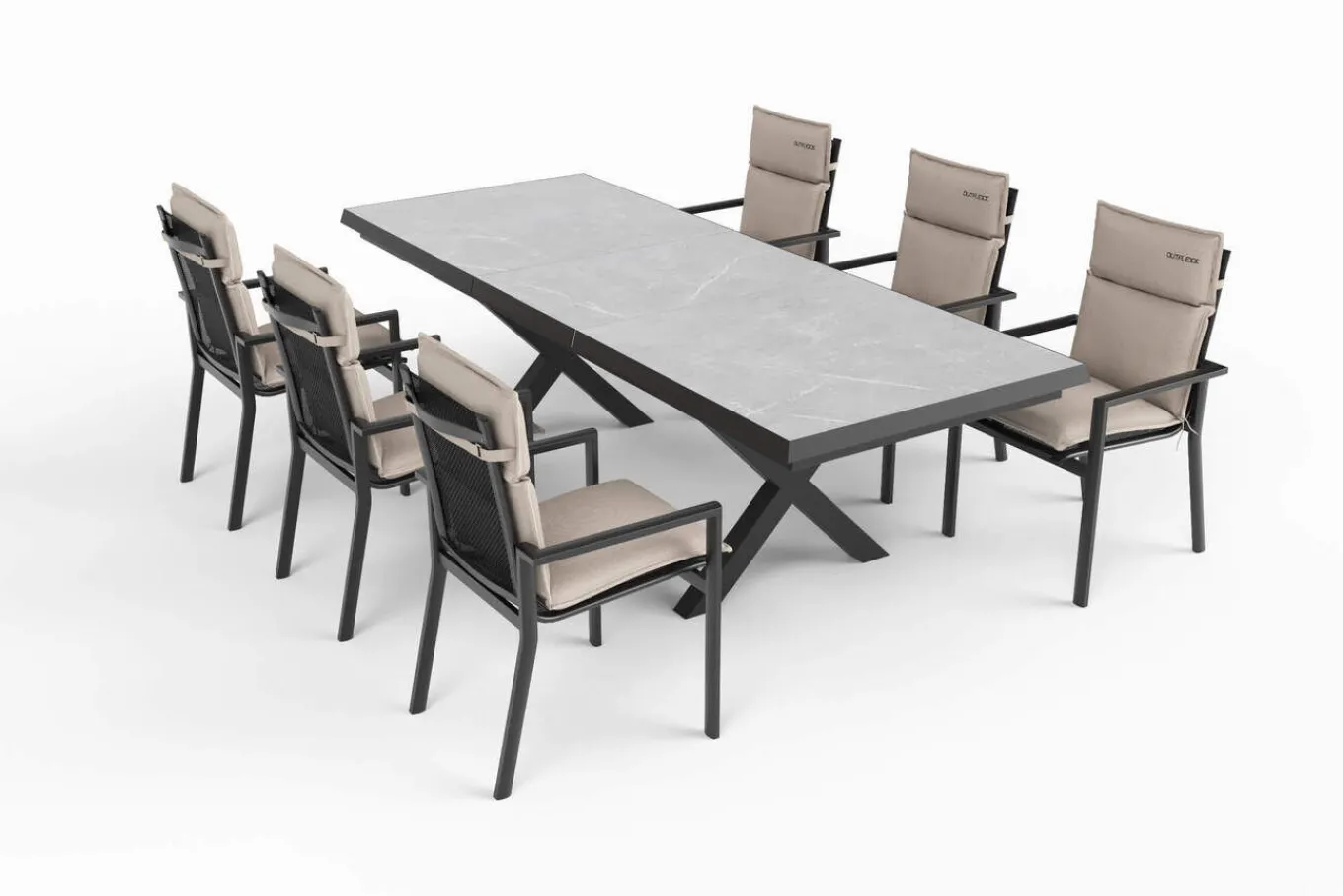 Best Serro Garten-Essgruppe, anthrazit matt/schwarz,nature, Alu/Steinimitat/Textilene/Polyester, Tisch 200/260 x 100 cm, 6 Stapelsessel inkl. 6 Auflagen Garten-Essgruppen
