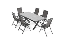 Serro Garten-Essgruppe, anthrazit matt/schwarz/grau, Aluminium/Steinimitat/Textilene, 200/260 x 100 cm, ausziehbar, 6 Klappstühle Garten-Essgruppen