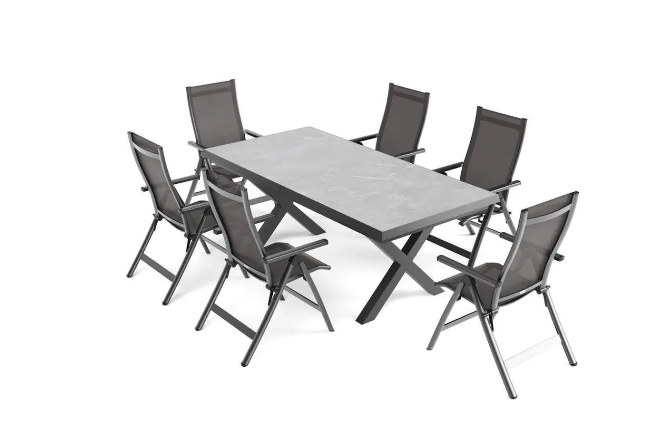 Serro Garten-Essgruppe, anthrazit matt/schwarz/grau, Aluminium/Steinimitat/Textilene, 200/260 x 100 cm, ausziehbar, 6 Klappstühle Garten-Essgruppen