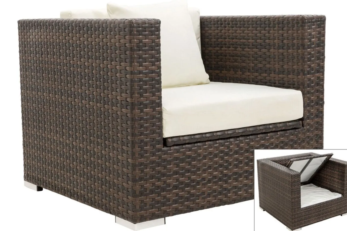 Sale Sessel, braun marmoriert, Polyrattan, 90 x 85 x 70 cm, wasserfeste Kissenbox Polyrattan-Gartenmöbel|Gartenlounge