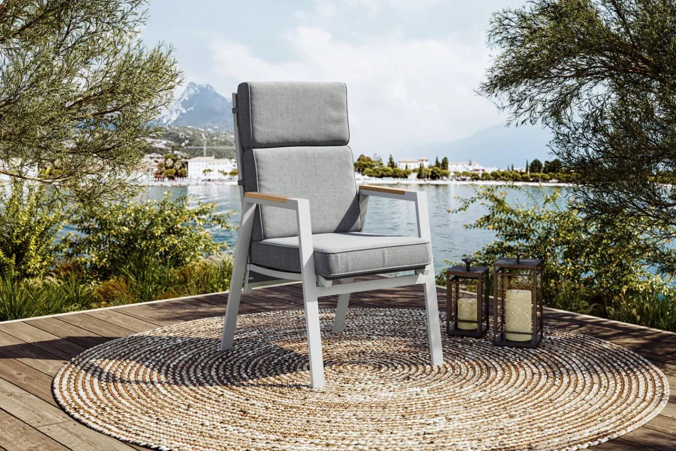 Outlet Sessel, creme/weiß, Alu/Textilene, mit Teak-Armlehnen, wetterfest, hochwertig, abnehmbarer Bezug Aluminium-Gartenmöbel|Gartenstühle & Gartensessel