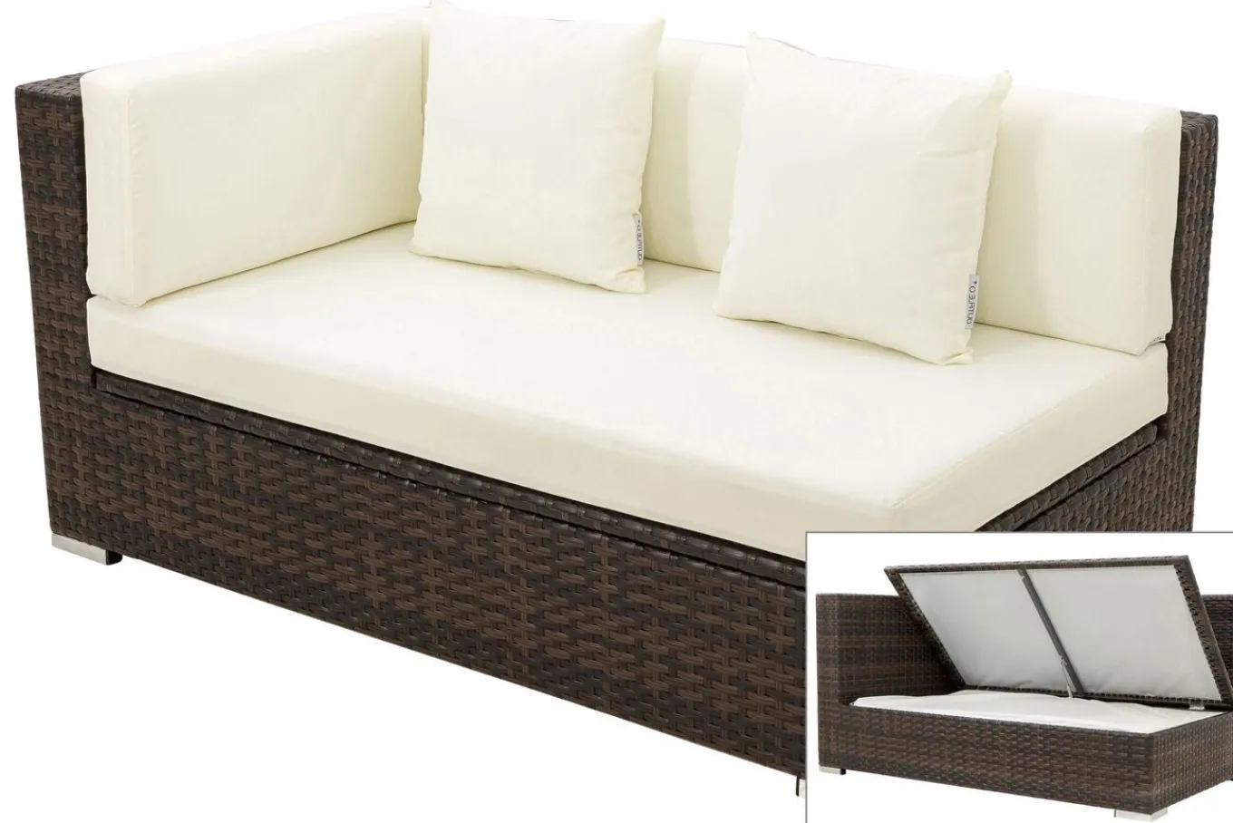 Hot 2-Sitzer Ecksofa, braun marmoriert, Polyrattan, 145 x 85 x 70 cm, wasserfeste Kissenbox, Armlehne re. Polyrattan-Gartenmöbel|Gartenlounge