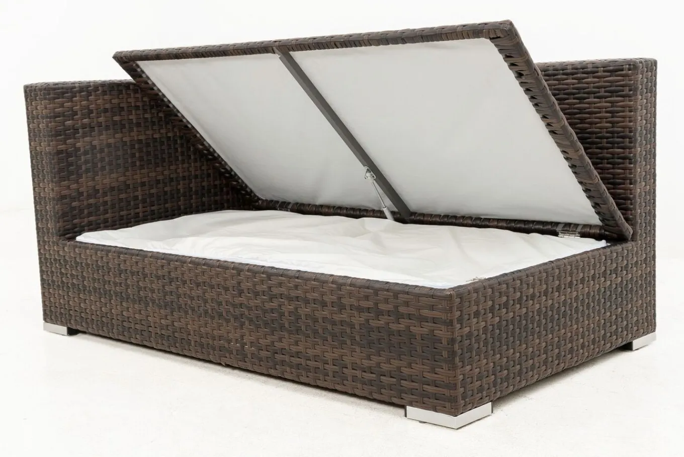Hot 2-Sitzer Ecksofa, braun marmoriert, Polyrattan, 145 x 85 x 70 cm, wasserfeste Kissenbox, Armlehne re. Polyrattan-Gartenmöbel|Gartenlounge