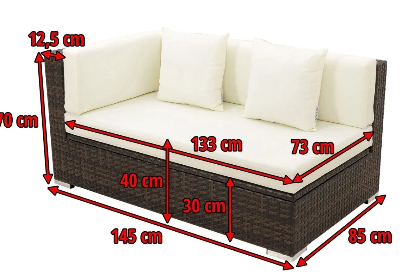 Hot 2-Sitzer Ecksofa, braun marmoriert, Polyrattan, 145 x 85 x 70 cm, wasserfeste Kissenbox, Armlehne re. Polyrattan-Gartenmöbel|Gartenlounge